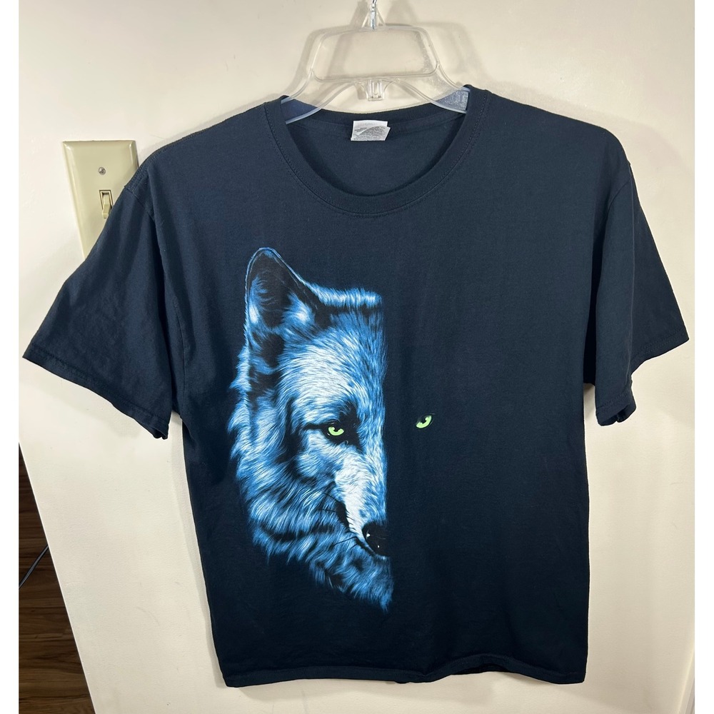 VTG Y2K Wolf Graphic Tee Men L Black Blue Animal Print T-Shirt Streetwear Grunge